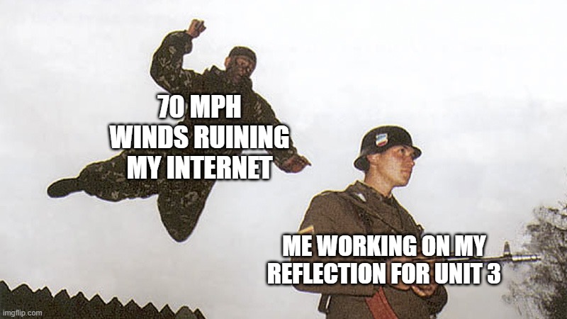 English Meme | 70 MPH WINDS RUINING MY INTERNET; ME WORKING ON MY REFLECTION FOR UNIT 3 | image tagged in soldier jump spetznaz | made w/ Imgflip meme maker