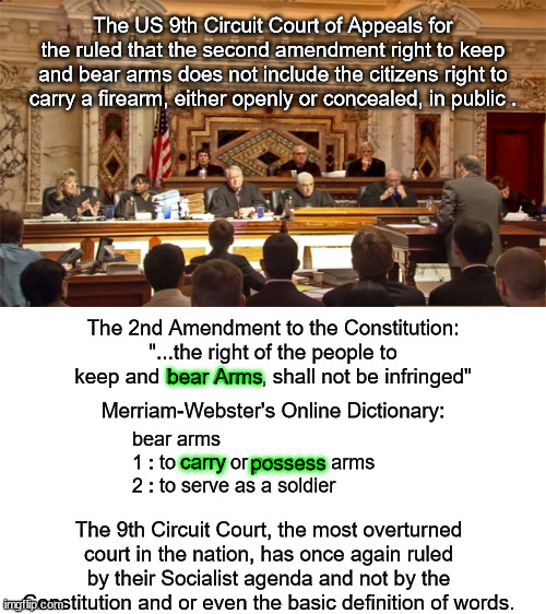 I hope this gets picked up by SCOTUS and I hope SCOTUS has the guts to first laugh at this ruling and then overturn it. | The US 9th Circuit Court of Appeals for the ruled that the second amendment right to keep and bear arms does not include the citizens right to carry a firearm, either openly or concealed, in public . The 2nd Amendment to the Constitution:
"...the right of the people to keep and bear Arms, shall not be infringed"; bear Arms; Merriam-Webster's Online Dictionary:; bear arms
1 : to carry or possess arms
2 : to serve as a soldier; carry; possess; The 9th Circuit Court, the most overturned court in the nation, has once again ruled by their Socialist agenda and not by the Constitution and or even the basic definition of words. | image tagged in 9th circuit,socialist agenda,2nd amendment,words mean things | made w/ Imgflip meme maker