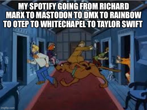 Musical Doors |  MY SPOTIFY GOING FROM RICHARD MARX TO MASTODON TO DMX TO RAINBOW TO OTEP TO WHITECHAPEL TO TAYLOR SWIFT | image tagged in scooby doo chase,taylor swift,dmx,rainbow,mastodon | made w/ Imgflip meme maker