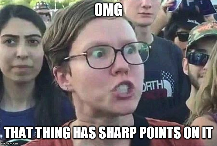 Triggered Liberal | OMG THAT THING HAS SHARP POINTS ON IT | image tagged in triggered liberal | made w/ Imgflip meme maker