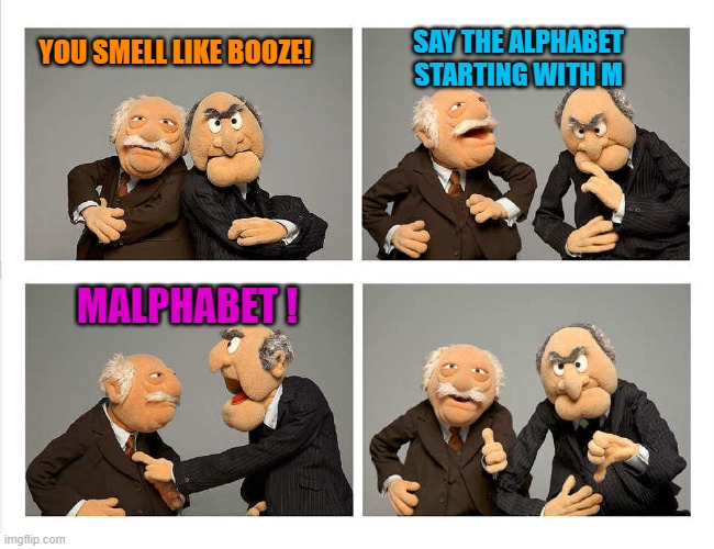 four panel | SAY THE ALPHABET STARTING WITH M; YOU SMELL LIKE BOOZE! MALPHABET ! | image tagged in four panel | made w/ Imgflip meme maker