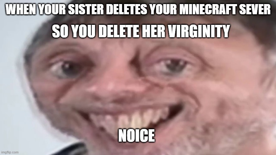 *AHEM* Noice | SO YOU DELETE HER VIRGINITY; WHEN YOUR SISTER DELETES YOUR MINECRAFT SEVER; NOICE | image tagged in noice,memes,funny | made w/ Imgflip meme maker