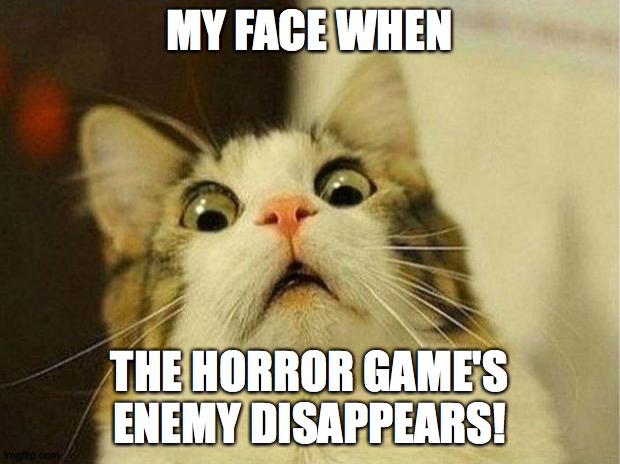 Find him quick, or you're dead! | MY FACE WHEN; THE HORROR GAME'S ENEMY DISAPPEARS! | image tagged in memes,scared cat,gaming,horror game | made w/ Imgflip meme maker