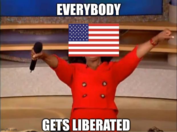 When the USA joins a world war | EVERYBODY; GETS LIBERATED | image tagged in memes,oprah you get a | made w/ Imgflip meme maker