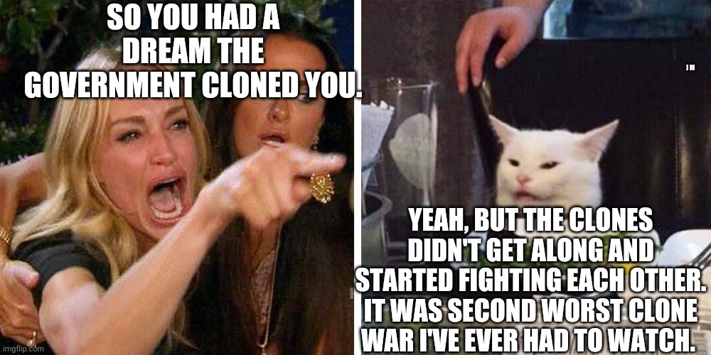 Smudge the cat | SO YOU HAD A DREAM THE GOVERNMENT CLONED YOU. J M; YEAH, BUT THE CLONES DIDN'T GET ALONG AND STARTED FIGHTING EACH OTHER. IT WAS SECOND WORST CLONE WAR I'VE EVER HAD TO WATCH. | image tagged in smudge the cat | made w/ Imgflip meme maker