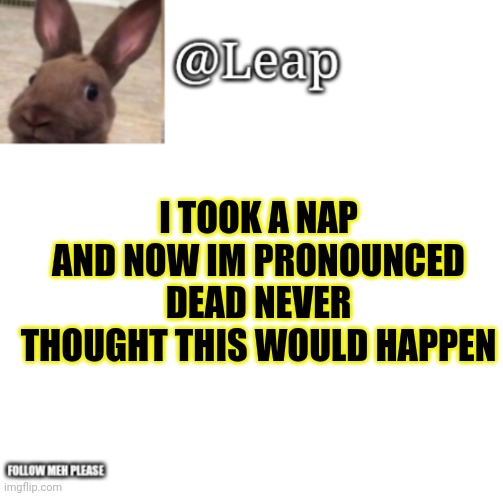 Im not dead period. | I TOOK A NAP AND NOW IM PRONOUNCED DEAD NEVER THOUGHT THIS WOULD HAPPEN | image tagged in leaps template | made w/ Imgflip meme maker