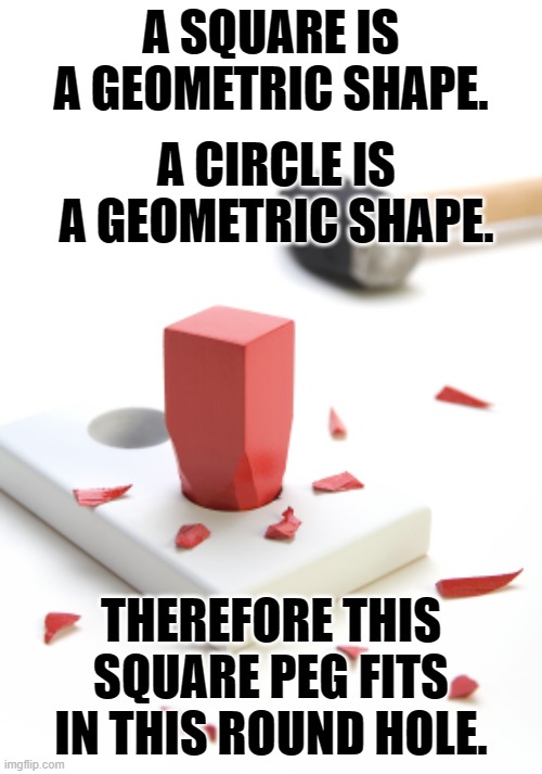 equivocation fallacy | A SQUARE IS A GEOMETRIC SHAPE. A CIRCLE IS A GEOMETRIC SHAPE. THEREFORE THIS SQUARE PEG FITS IN THIS ROUND HOLE. | image tagged in square peg round hole,master debater | made w/ Imgflip meme maker