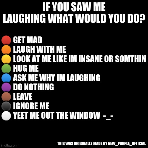XDDDDDDD | IF YOU SAW ME LAUGHING WHAT WOULD YOU DO? 🔴 GET MAD
🟠 LAUGH WITH ME
🟡 LOOK AT ME LIKE IM INSANE OR SOMTHIN
🟢 HUG ME
🔵 ASK ME WHY IM LAUGHING
🟣 DO NOTHING
🟤 LEAVE
⚫ IGNORE ME
⚪ YEET ME OUT THE WINDOW  -_-; THIS WAS ORIGINALLY MADE BY NEW_PURPLE_OFFICIAL | image tagged in memes,blank transparent square | made w/ Imgflip meme maker
