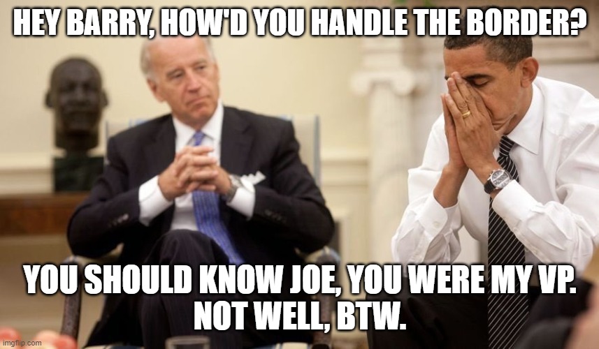 Biden Obama | HEY BARRY, HOW'D YOU HANDLE THE BORDER? YOU SHOULD KNOW JOE, YOU WERE MY VP.
NOT WELL, BTW. | image tagged in biden obama | made w/ Imgflip meme maker