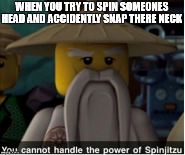 You cannot handle the power of Spinjitzu | WHEN YOU TRY TO SPIN SOMEONES HEAD AND ACCIDENTLY SNAP THERE NECK | image tagged in you cannot handle the power of spinjitzu | made w/ Imgflip meme maker