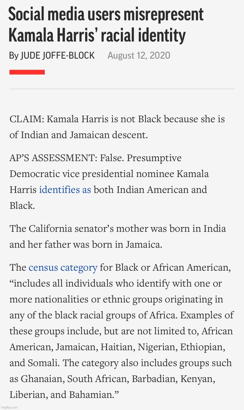 Read & discover, oh ye who deny Kamala Harris is black | image tagged in kamala harris race | made w/ Imgflip meme maker