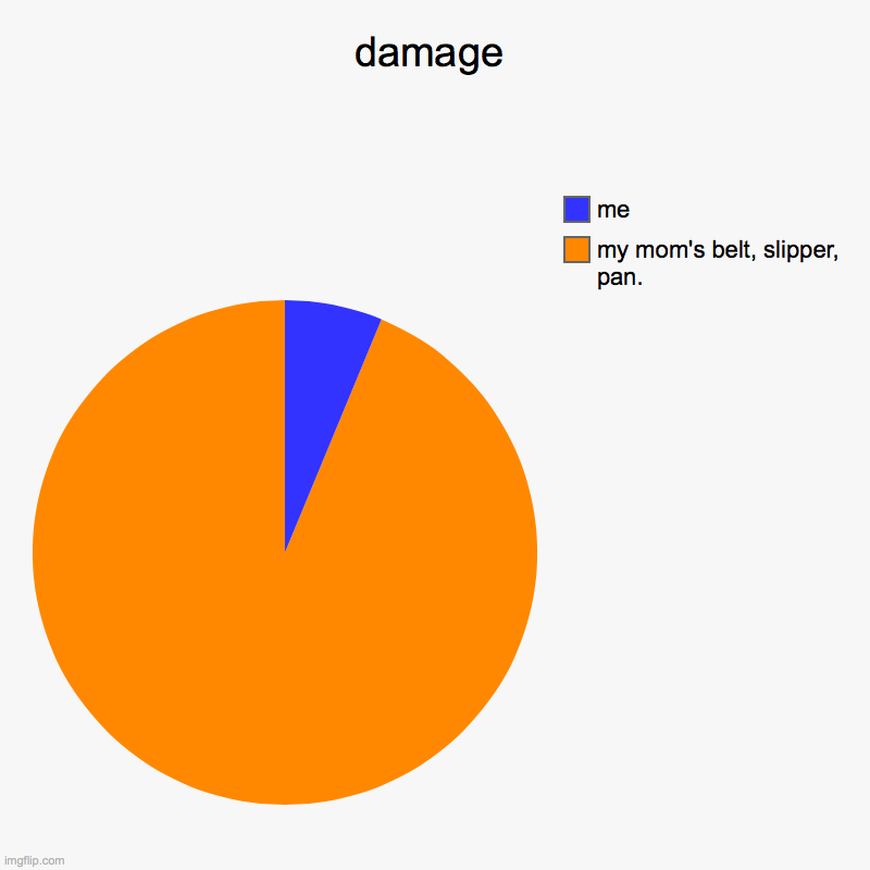 damage | my mom's belt, slipper, pan., me | image tagged in charts,pie charts,thats a lot of damage | made w/ Imgflip chart maker