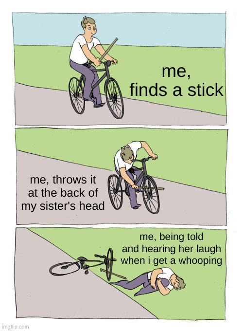 me, finds a stick | me, finds a stick; me, throws it at the back of my sister's head; me, being told and hearing her laugh when i get a whooping | image tagged in memes,bike fall | made w/ Imgflip meme maker