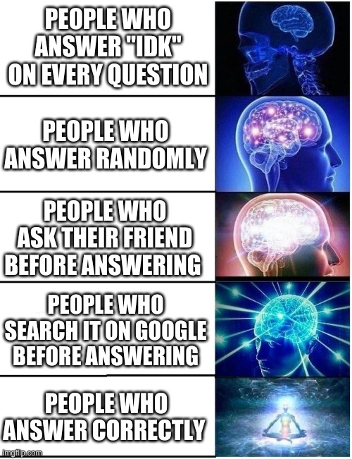 Expanding Brain 5 Panel | PEOPLE WHO ANSWER "IDK" ON EVERY QUESTION; PEOPLE WHO ANSWER RANDOMLY; PEOPLE WHO ASK THEIR FRIEND BEFORE ANSWERING; PEOPLE WHO SEARCH IT ON GOOGLE BEFORE ANSWERING; PEOPLE WHO ANSWER CORRECTLY | image tagged in expanding brain 5 panel | made w/ Imgflip meme maker