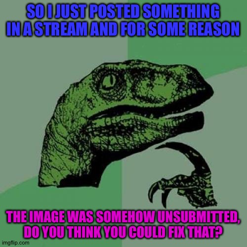I thought it was unfettered but the submittion was unsubmitted by itself. (It was in this stream) | SO I JUST POSTED SOMETHING IN A STREAM AND FOR SOME REASON; THE IMAGE WAS SOMEHOW UNSUBMITTED, DO YOU THINK YOU COULD FIX THAT? | image tagged in memes,philosoraptor | made w/ Imgflip meme maker