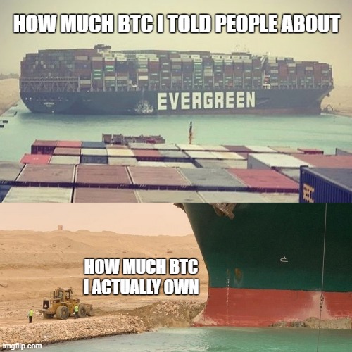 Evergreen | HOW MUCH BTC I TOLD PEOPLE ABOUT; HOW MUCH BTC I ACTUALLY OWN | image tagged in evergreen,btc | made w/ Imgflip meme maker