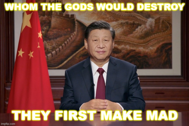 Whom the gods would destroy they first make mad | WHOM THE GODS WOULD DESTROY; THEY FIRST MAKE MAD | image tagged in xi jinping 2021 | made w/ Imgflip meme maker