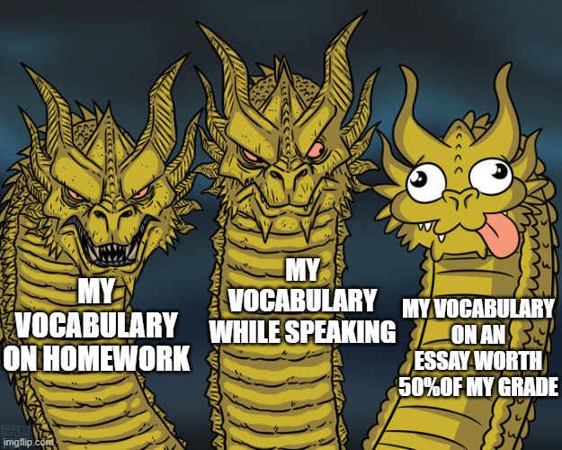 Three-headed Dragon | MY VOCABULARY WHILE SPEAKING; MY VOCABULARY ON HOMEWORK; MY VOCABULARY ON AN ESSAY WORTH 50%OF MY GRADE | image tagged in three-headed dragon | made w/ Imgflip meme maker