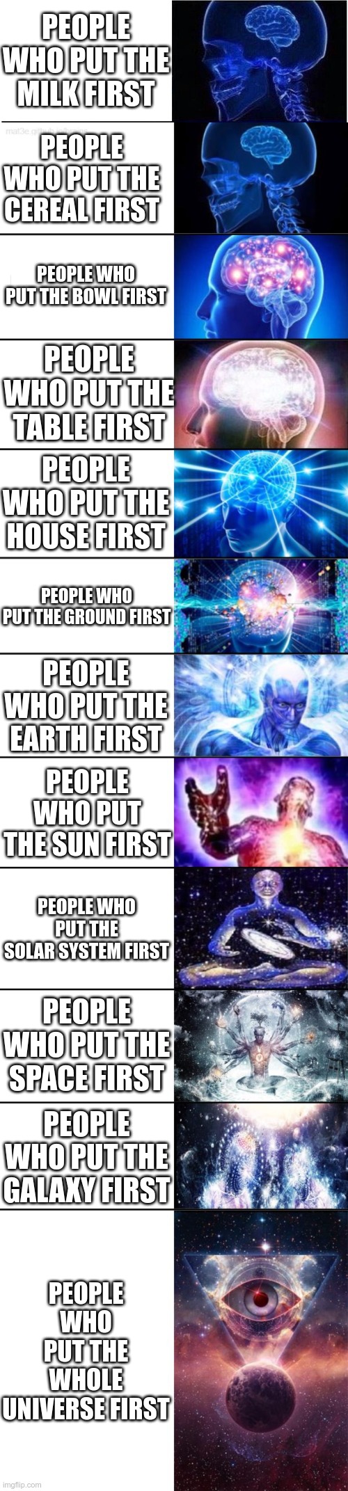 And what do you put first? | PEOPLE WHO PUT THE MILK FIRST; PEOPLE WHO PUT THE CEREAL FIRST; PEOPLE WHO PUT THE BOWL FIRST; PEOPLE WHO PUT THE TABLE FIRST; PEOPLE WHO PUT THE HOUSE FIRST; PEOPLE WHO PUT THE GROUND FIRST; PEOPLE WHO PUT THE EARTH FIRST; PEOPLE WHO PUT THE SUN FIRST; PEOPLE WHO PUT THE SOLAR SYSTEM FIRST; PEOPLE WHO PUT THE SPACE FIRST; PEOPLE WHO PUT THE GALAXY FIRST; PEOPLE WHO PUT THE WHOLE UNIVERSE FIRST | image tagged in memes,expanding brain,extended expanding brain | made w/ Imgflip meme maker