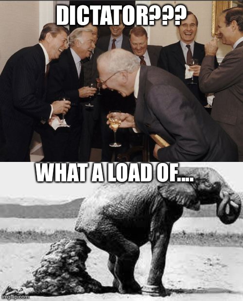 DICTATOR??? WHAT A LOAD OF.... | image tagged in memes,laughing men in suits,elephant poopy | made w/ Imgflip meme maker