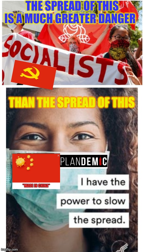 Common sense not Commie sense | THE SPREAD OF THIS IS A MUCH GREATER DANGER; THAN THE SPREAD OF THIS | image tagged in communist socialist,sucks,plandemic,hoax,panic | made w/ Imgflip meme maker