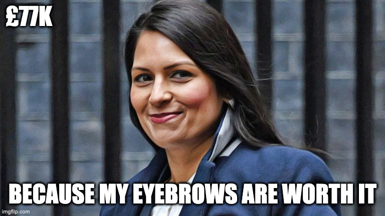 Eyebrows | £77K; BECAUSE MY EYEBROWS ARE WORTH IT | image tagged in priti patel,eyebrows | made w/ Imgflip meme maker