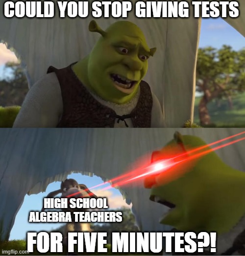 Shrek For Five Minutes | COULD YOU STOP GIVING TESTS; FOR FIVE MINUTES?! HIGH SCHOOL ALGEBRA TEACHERS | image tagged in shrek for five minutes | made w/ Imgflip meme maker