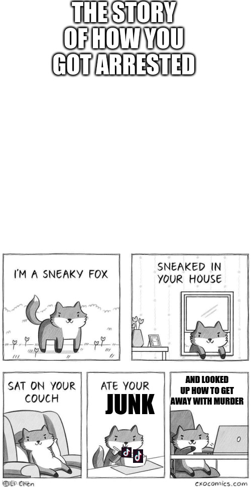 THE STORY OF HOW YOU GOT ARRESTED; AND LOOKED UP HOW TO GET AWAY WITH MURDER; JUNK | image tagged in memes,blank transparent square,sneaky fox | made w/ Imgflip meme maker