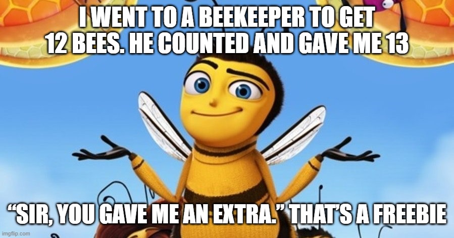 I WENT TO A BEEKEEPER TO GET 12 BEES. HE COUNTED AND GAVE ME 13; “SIR, YOU GAVE ME AN EXTRA.” THAT’S A FREEBIE | image tagged in free | made w/ Imgflip meme maker