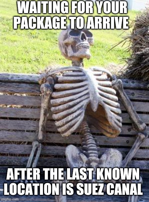 Today's situation | WAITING FOR YOUR PACKAGE TO ARRIVE; AFTER THE LAST KNOWN LOCATION IS SUEZ CANAL | image tagged in memes,waiting skeleton,funny memes | made w/ Imgflip meme maker