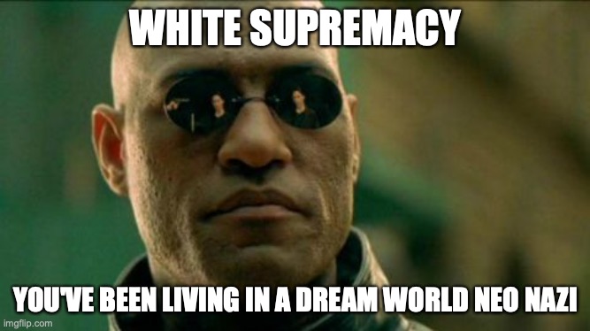 Morphius | WHITE SUPREMACY; YOU'VE BEEN LIVING IN A DREAM WORLD NEO NAZI | image tagged in morphius | made w/ Imgflip meme maker