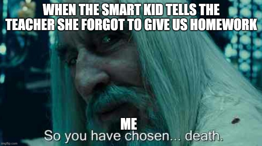 So you have chosen death | WHEN THE SMART KID TELLS THE TEACHER SHE FORGOT TO GIVE US HOMEWORK; ME | image tagged in so you have chosen death | made w/ Imgflip meme maker