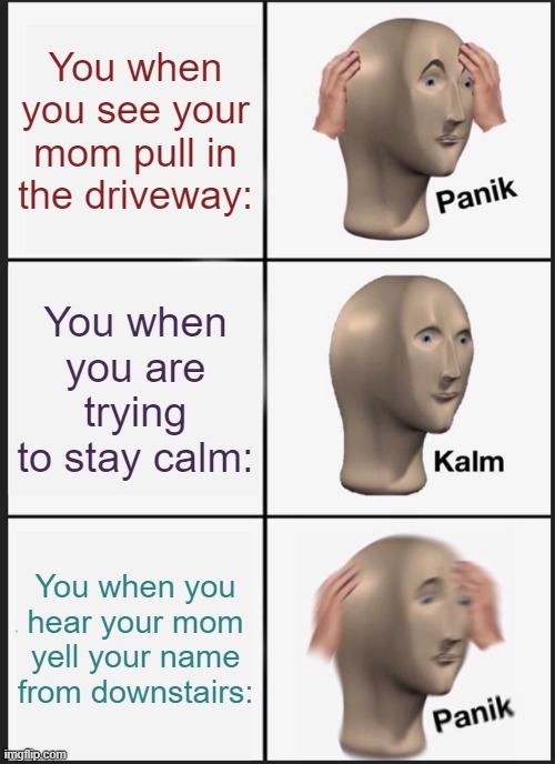 Panik Kalm Panik | You when you see your mom pull in the driveway:; You when you are trying to stay calm:; You when you hear your mom yell your name from downstairs: | image tagged in memes,panik kalm panik | made w/ Imgflip meme maker