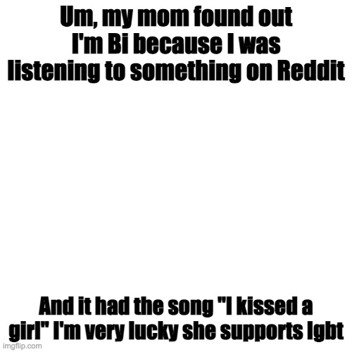 This happened yesterday. When she found out I sorta panicked | Um, my mom found out I'm Bi because I was listening to something on Reddit; And it had the song "I kissed a girl" I'm very lucky she supports lgbt | image tagged in memes,blank transparent square | made w/ Imgflip meme maker