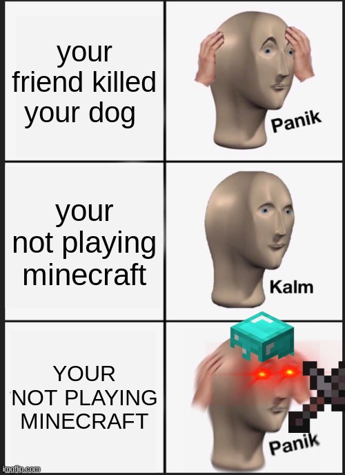 YOU ARE NOT PLAYING MINECRAFT | your friend killed your dog; your not playing minecraft; YOUR NOT PLAYING MINECRAFT | image tagged in memes,panik kalm panik | made w/ Imgflip meme maker