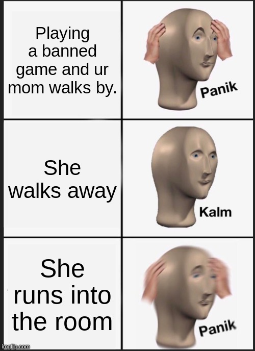 Panik and games | Playing a banned game and ur mom walks by. She walks away; She runs into the room | image tagged in memes,panik kalm panik | made w/ Imgflip meme maker