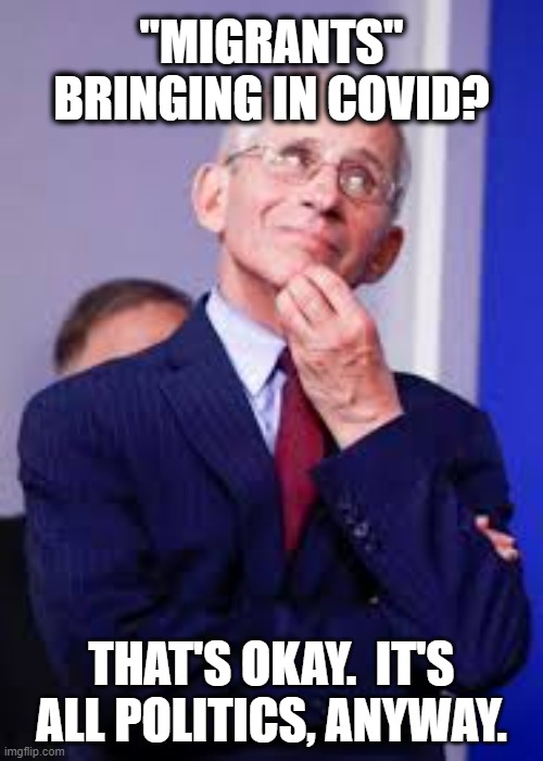 Fauci Okay with "Migrants" and Covid | "MIGRANTS" BRINGING IN COVID? THAT'S OKAY.  IT'S ALL POLITICS, ANYWAY. | image tagged in dr fauci,illegal migrants,liberals,coronavirus,covid,democrats | made w/ Imgflip meme maker