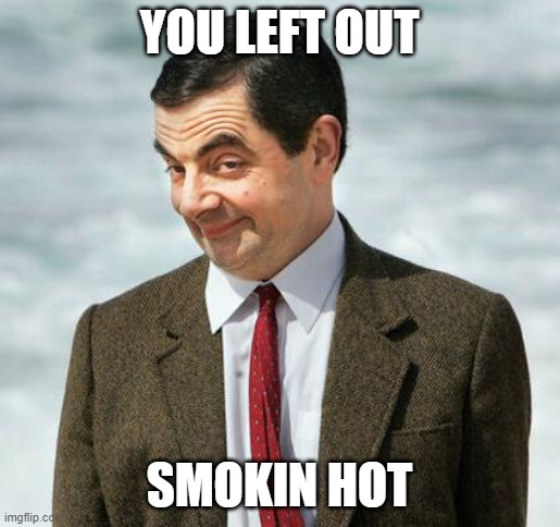 mr bean | YOU LEFT OUT SMOKIN HOT | image tagged in mr bean | made w/ Imgflip meme maker
