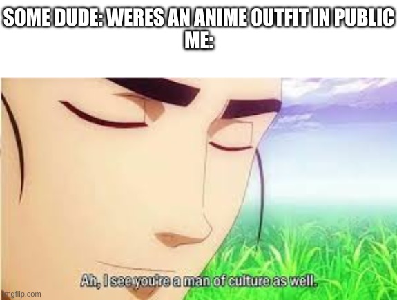 ah yes a cultured person | SOME DUDE: WERES AN ANIME OUTFIT IN PUBLIC
ME: | image tagged in ah i see you are a man of culture as well,anime | made w/ Imgflip meme maker