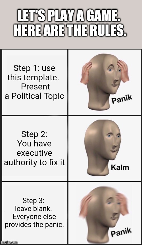Politics Panic Game | LET'S PLAY A GAME.  HERE ARE THE RULES. Step 1: use this template. 
 Present a Political Topic; Step 2: You have executive authority to fix it; Step 3:  leave blank.  Everyone else provides the panic. | image tagged in memes,panik kalm panik | made w/ Imgflip meme maker