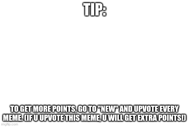 how to get points | TIP:; TO GET MORE POINTS, GO TO "NEW" AND UPVOTE EVERY MEME. (IF U UPVOTE THIS MEME, U WILL GET EXTRA POINTS!) | image tagged in blank for making your own meme | made w/ Imgflip meme maker