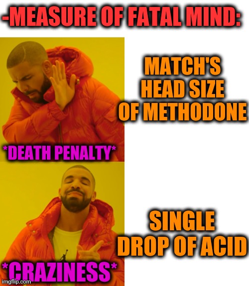 -Hear a note. | -MEASURE OF FATAL MIND:; MATCH'S HEAD SIZE OF METHODONE; *DEATH PENALTY*; SINGLE DROP OF ACID; *CRAZINESS* | image tagged in memes,drake hotline bling,heroin,acid,go away,don't do drugs | made w/ Imgflip meme maker