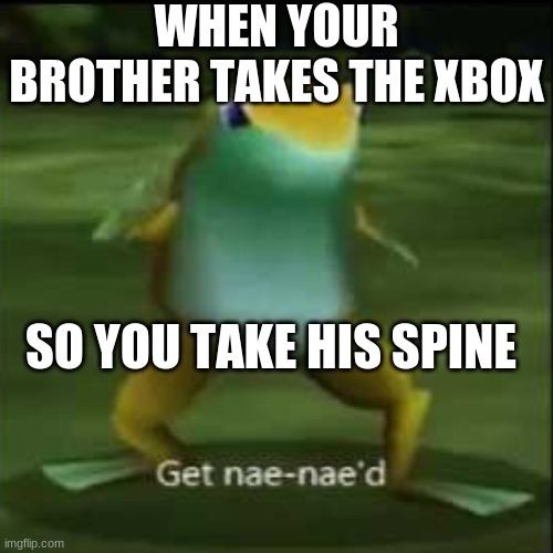 Get Nae Nae'd | WHEN YOUR BROTHER TAKES THE XBOX; SO YOU TAKE HIS SPINE | image tagged in get nae nae'd | made w/ Imgflip meme maker