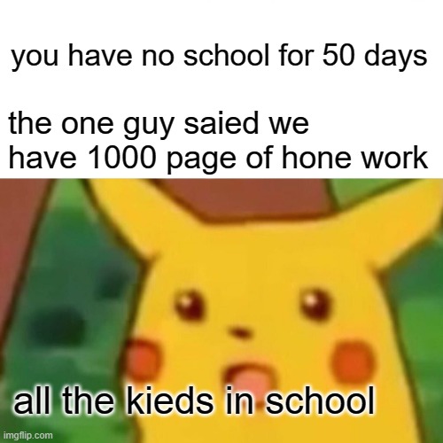 Surprised Pikachu | you have no school for 50 days; the one guy saied we have 1000 page of hone work; all the kieds in school | image tagged in surprised pikachu | made w/ Imgflip meme maker