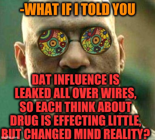 -Joy unemployed. | -WHAT IF I TOLD YOU; DAT INFLUENCE IS LEAKED ALL OVER WIRES, SO EACH THINK ABOUT DRUG IS EFFECTING LITTLE, BUT CHANGED MIND REALITY? | image tagged in acid kicks in morpheus,change my mind,drugs are bad,matrix,think about it,what if i told you | made w/ Imgflip meme maker