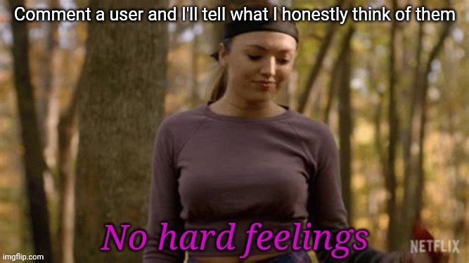 No hard feelings | Comment a user and I'll tell what I honestly think of them | image tagged in no hard feelings | made w/ Imgflip meme maker