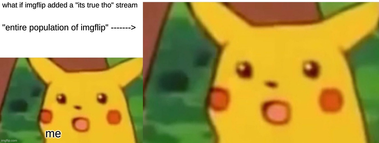 what if imgflip added a "its true tho" stream; "entire population of imgflip" ------->; me | image tagged in memes,surprised pikachu,its true | made w/ Imgflip meme maker
