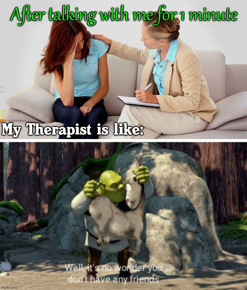 I am sure many of you would agree |  After talking with me for 1 minute; My Therapist is like: | image tagged in therapist,no friends,shrek,oof | made w/ Imgflip meme maker