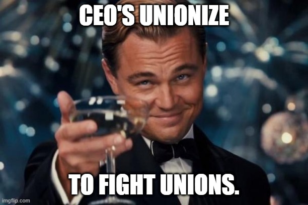 Leonardo Dicaprio Cheers | CEO'S UNIONIZE; TO FIGHT UNIONS. | image tagged in memes,leonardo dicaprio cheers | made w/ Imgflip meme maker