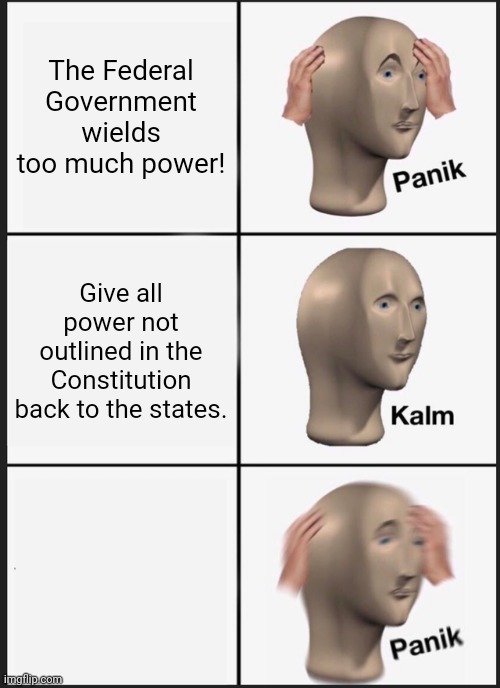 Panik Kalm Panik Meme | The Federal Government wields too much power! Give all power not outlined in the Constitution back to the states. | image tagged in memes,panik kalm panik | made w/ Imgflip meme maker